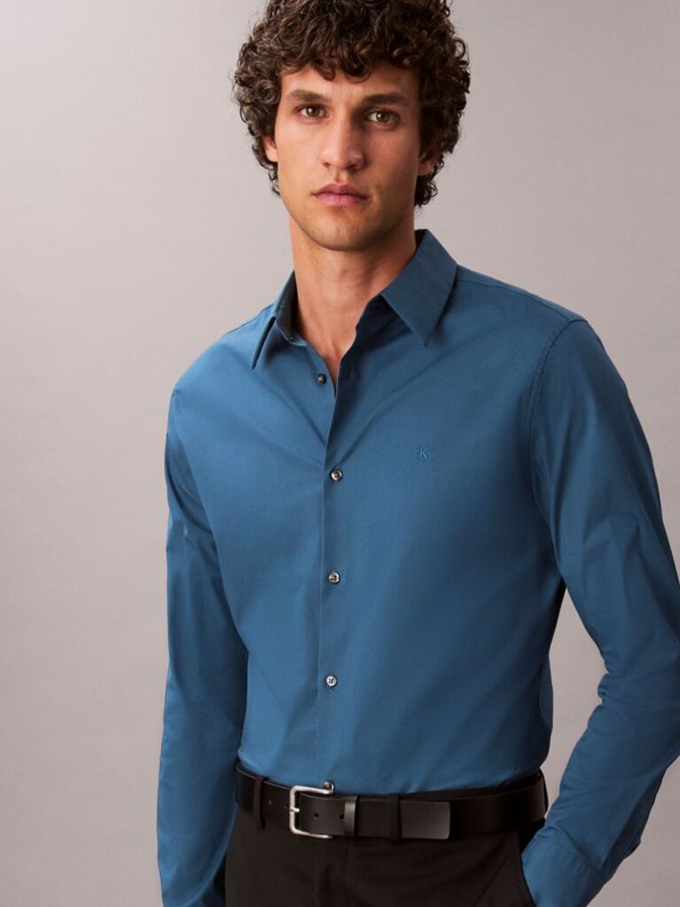 Blue Slim Stretch Button-Down Shirt  Men
