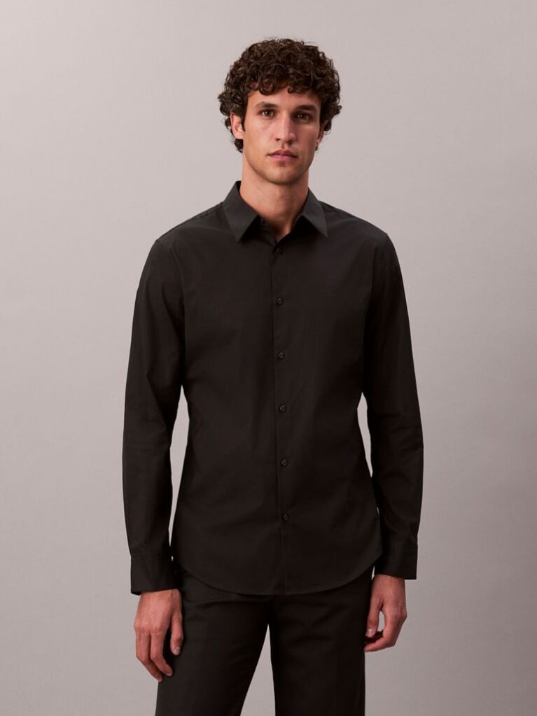 Negru Camasa Slim Din Material Elastic Cu Nasturi  Barbati