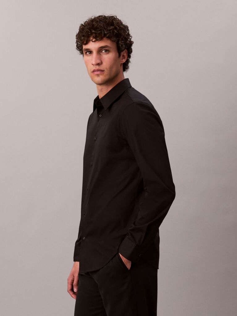 Negru Camasa Slim Din Material Elastic Cu Nasturi  Barbati