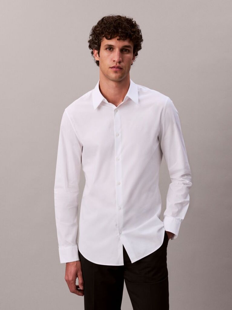 Alb Camasa Slim Din Material Elastic Cu Nasturi  Barbati