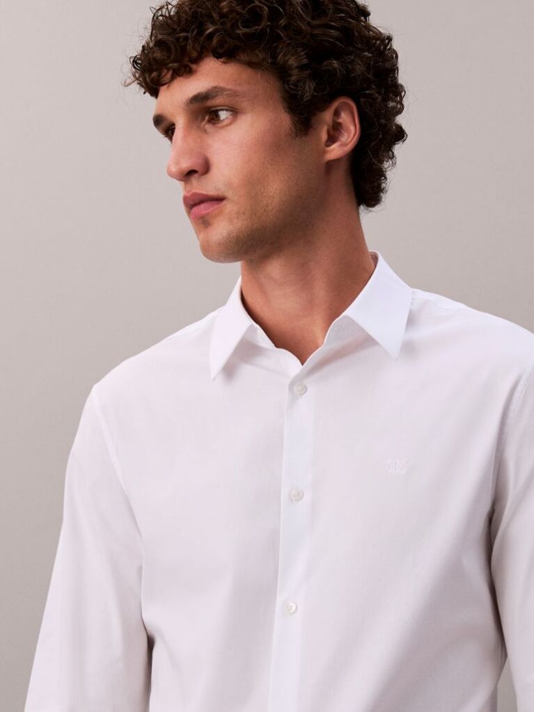 Alb Camasa Slim Din Material Elastic Cu Nasturi  Barbati