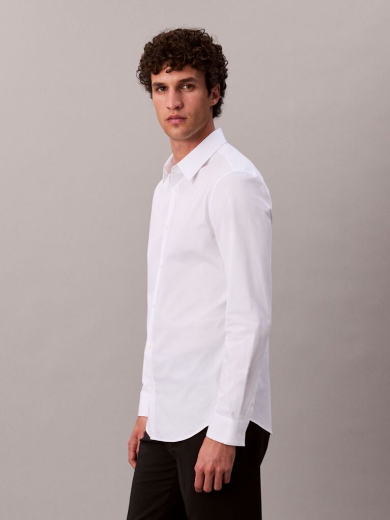 Alb Camasa Slim Din Material Elastic Cu Nasturi  Barbati