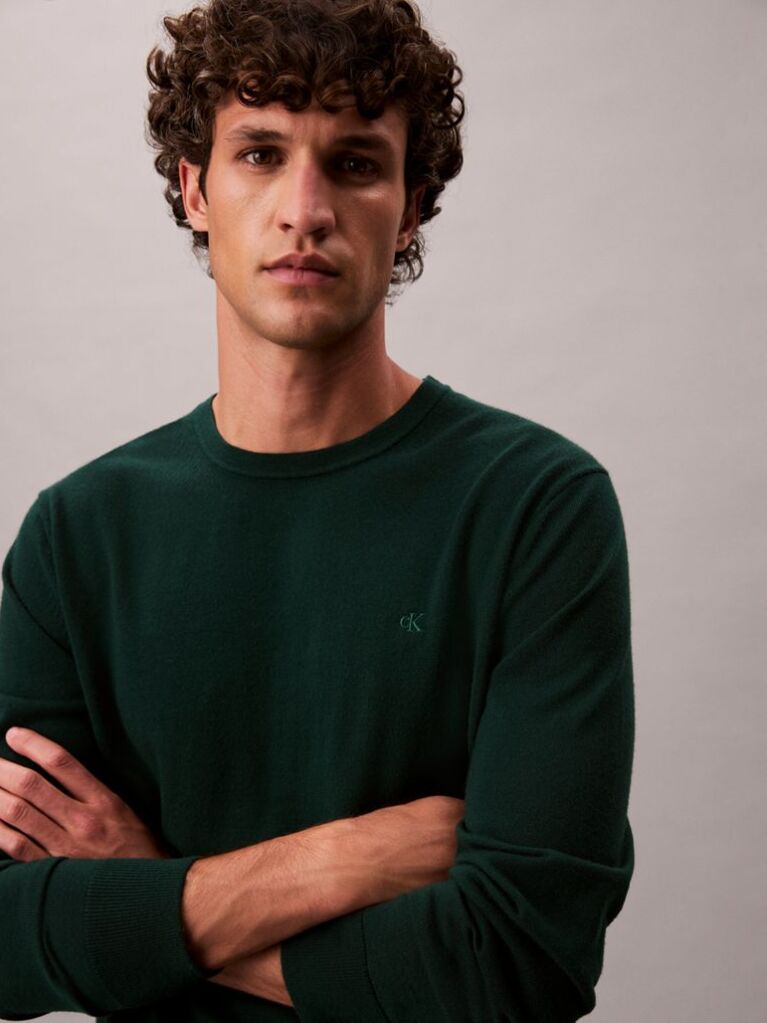 Verde Pulover Clasic Din Lana Merino  Barbati