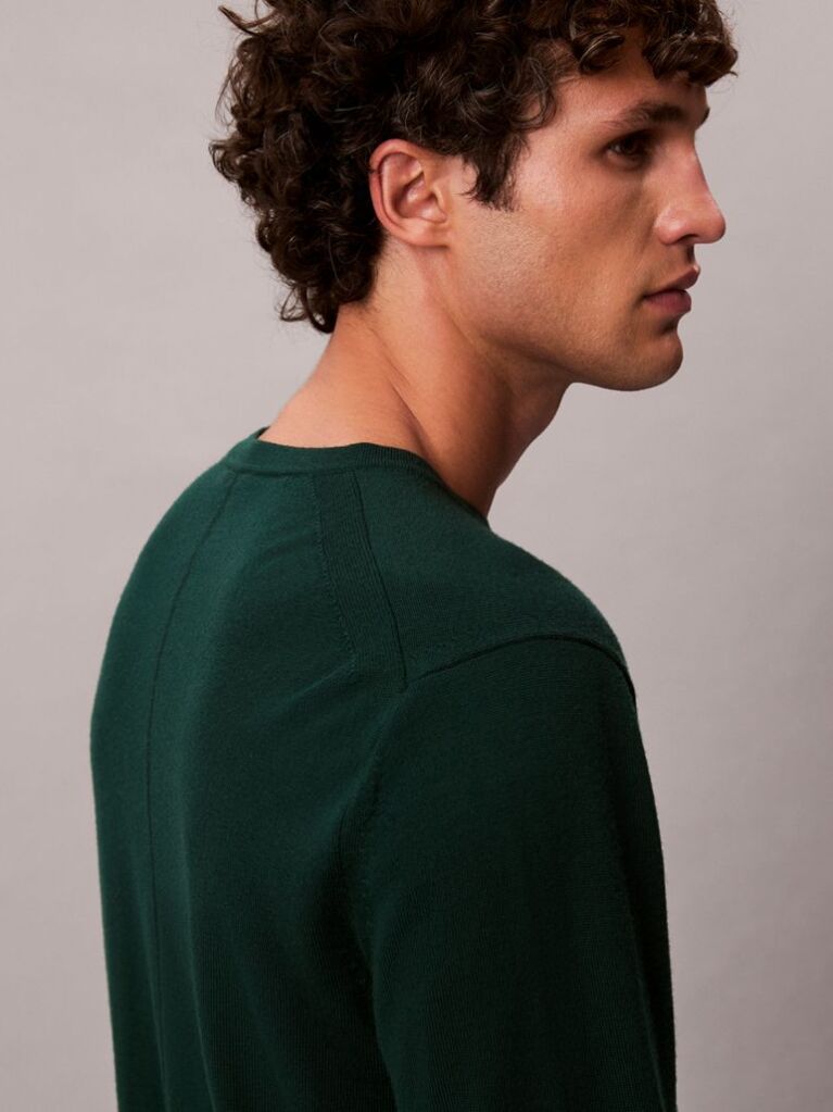 Verde Pulover Clasic Din Lana Merino  Barbati