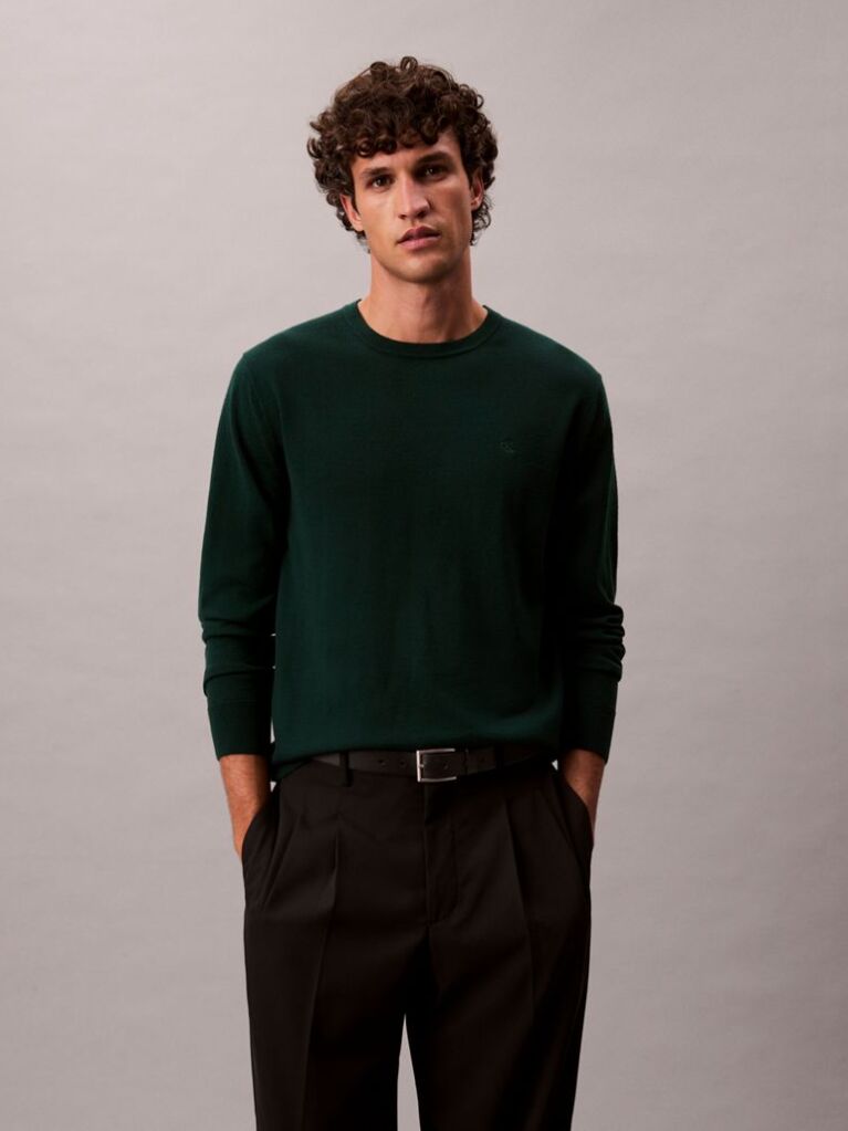 Verde Pulover Clasic Din Lana Merino  Barbati