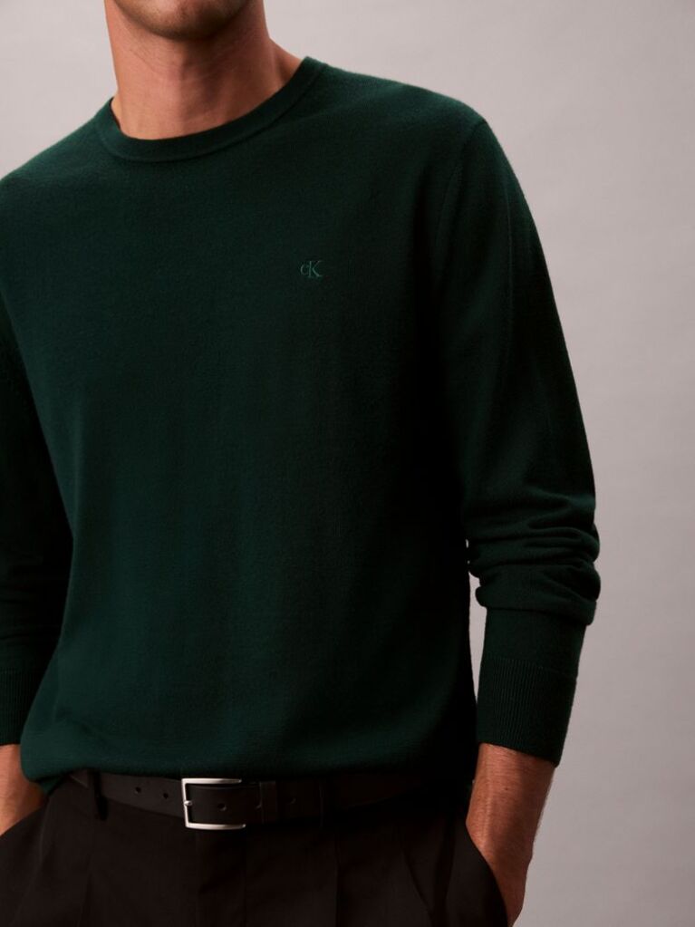 Verde Pulover Clasic Din Lana Merino  Barbati