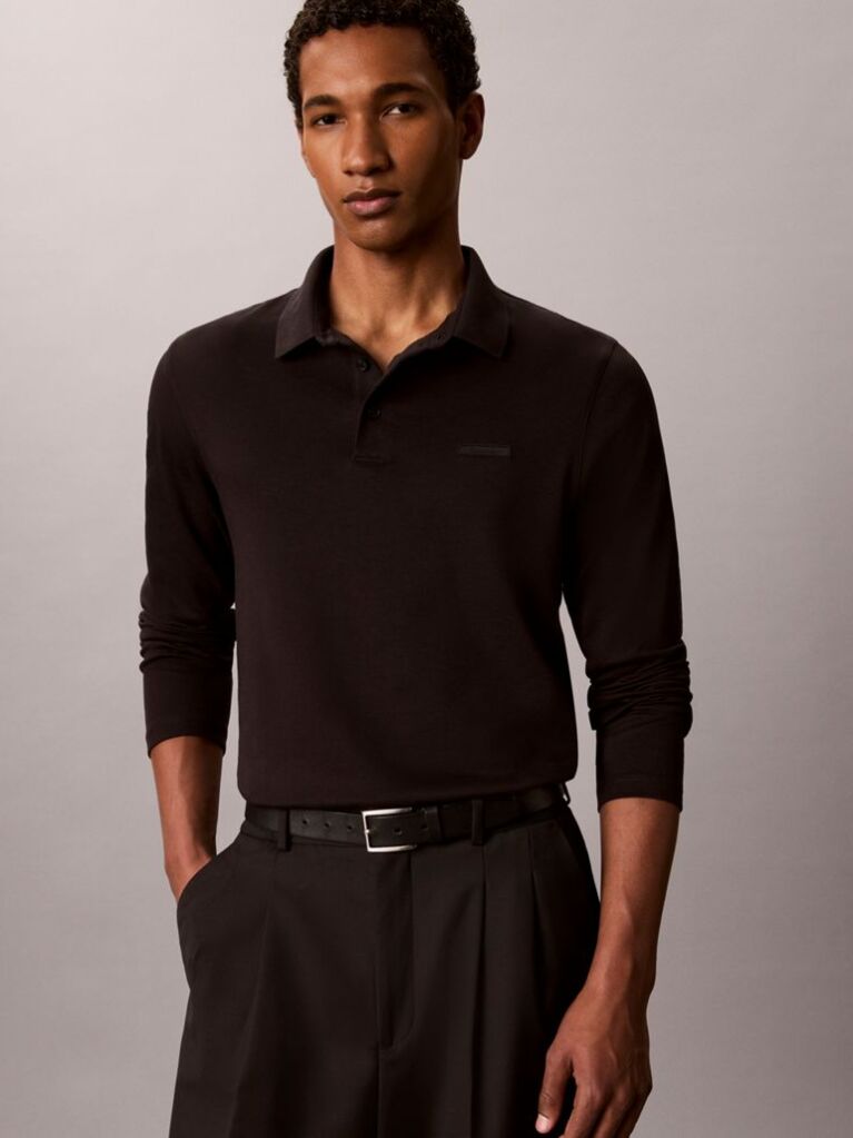 Negru Tricou Polo Slim Din Bumbac Cu Maneca Lunga  Barbati