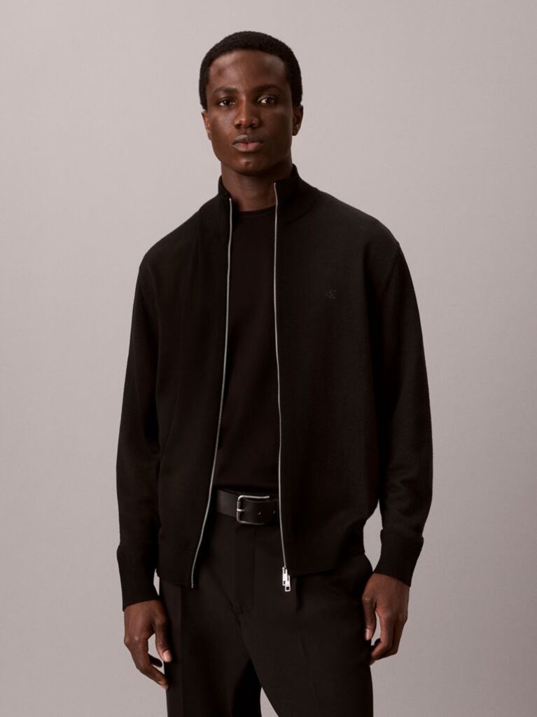 Negru Cardigan Din Lana Merino Cu Fermoar  Barbati