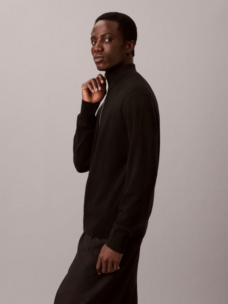 Negru Cardigan Din Lana Merino Cu Fermoar  Barbati