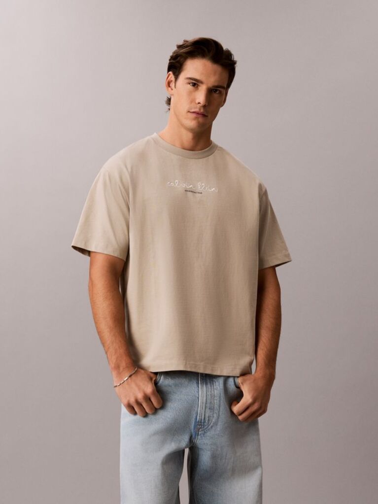 Bej Tricou Cu Guler Rotund Si Logo Grafic  Barbati