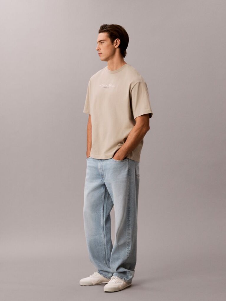 Bej Tricou Cu Guler Rotund Si Logo Grafic  Barbati