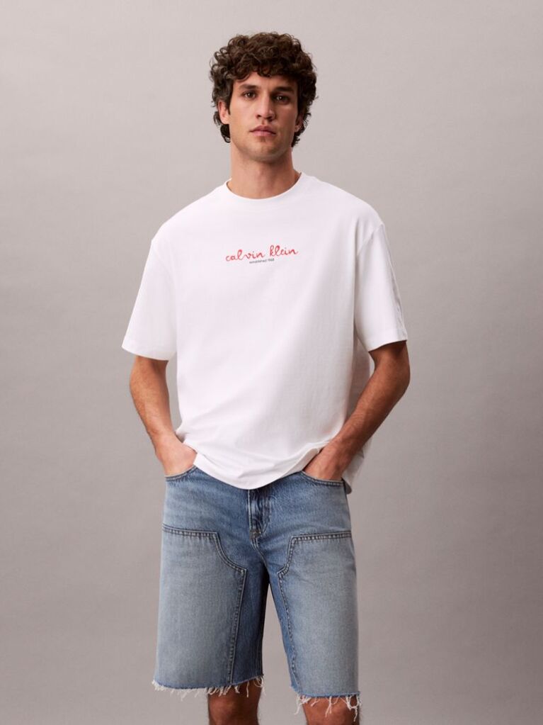 Alb Tricou Cu Guler Rotund Si Logo Grafic  Barbati
