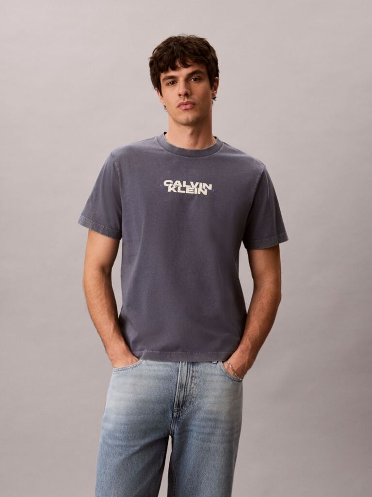 Albastru Tricou Cu Guler Rotund Cu Aspect Prespalat Si Logo Grafic  Barbati
