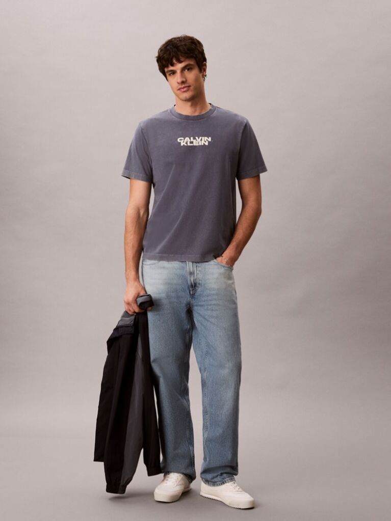 Albastru Tricou Cu Guler Rotund Cu Aspect Prespalat Si Logo Grafic  Barbati