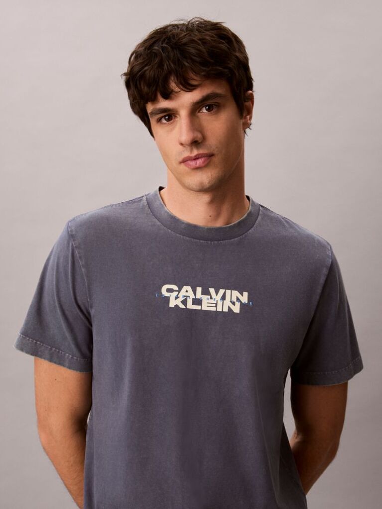 Albastru Tricou Cu Guler Rotund Cu Aspect Prespalat Si Logo Grafic  Barbati