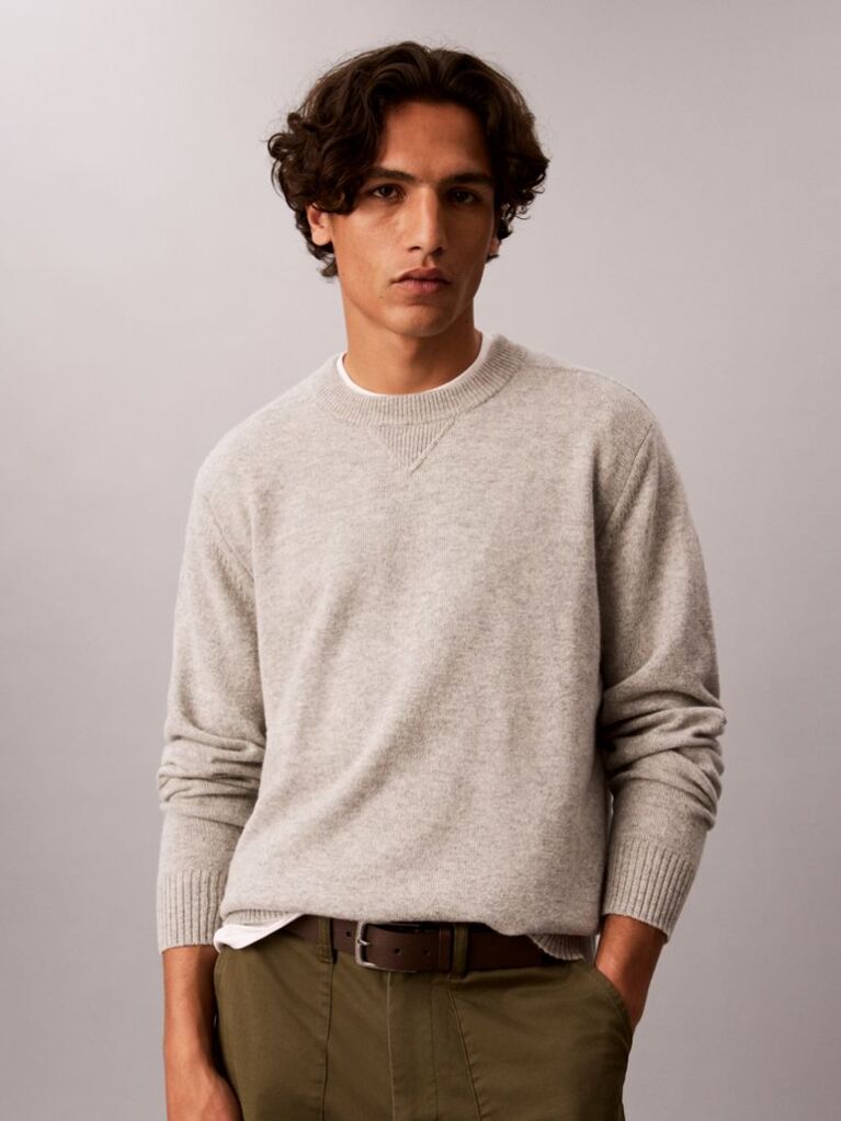 Grey Merino Wool Crew Neck Jumper  Men