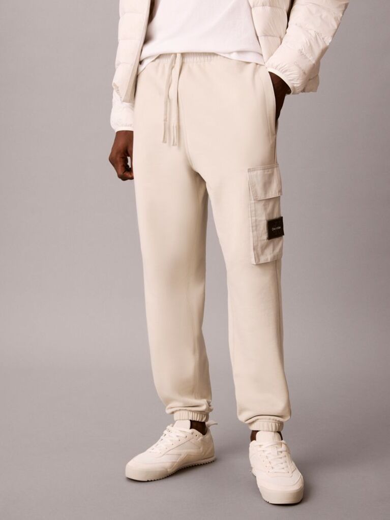 Bej Pantaloni Jogger Cargo Din Bumbac Flausat  Barbati