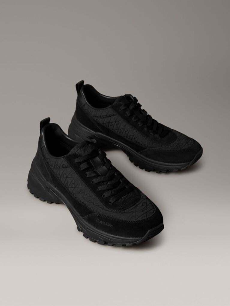 Black Suede and Emblem Logo Nylon Trainers  Men